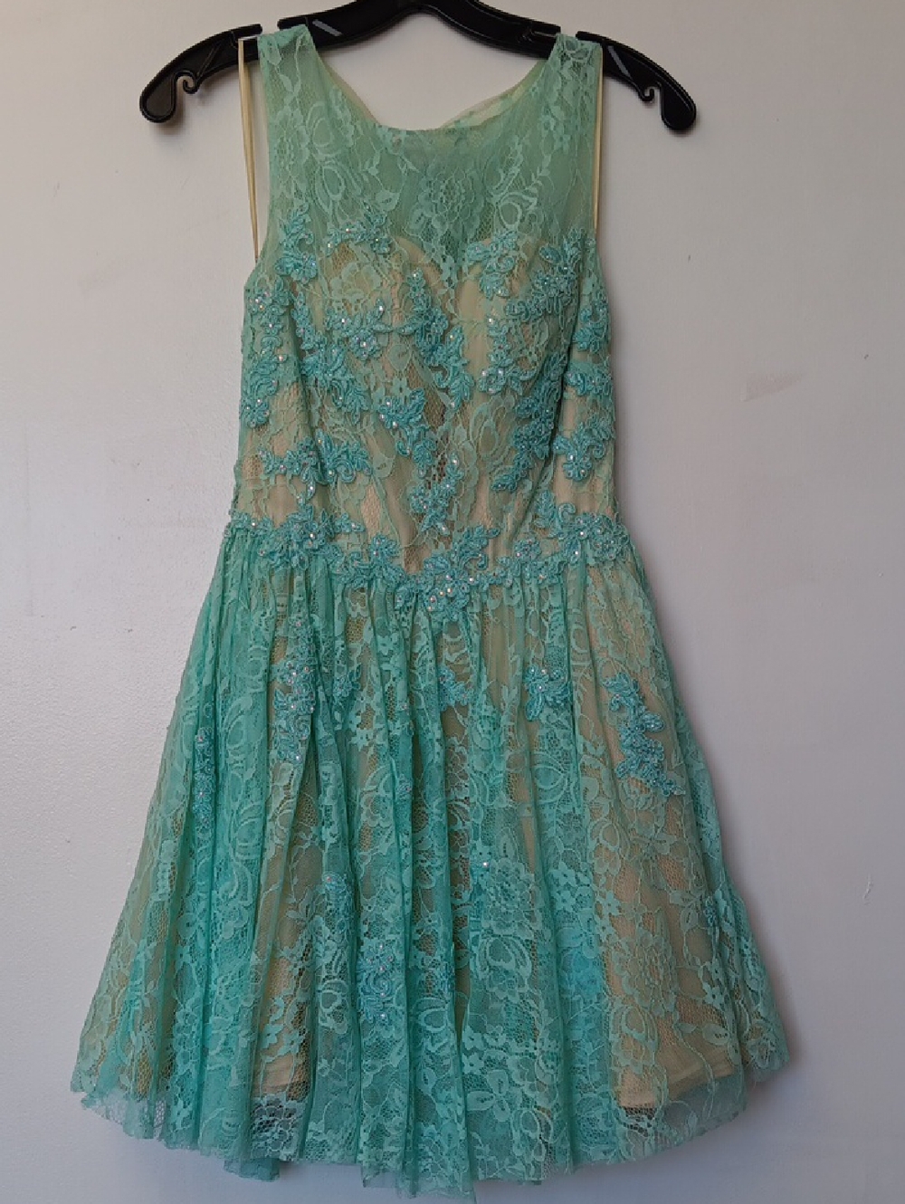 Vintage Aqua Lace Embellished Fit-and-Flare Dress